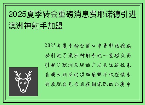 2025夏季转会重磅消息费耶诺德引进澳洲神射手加盟